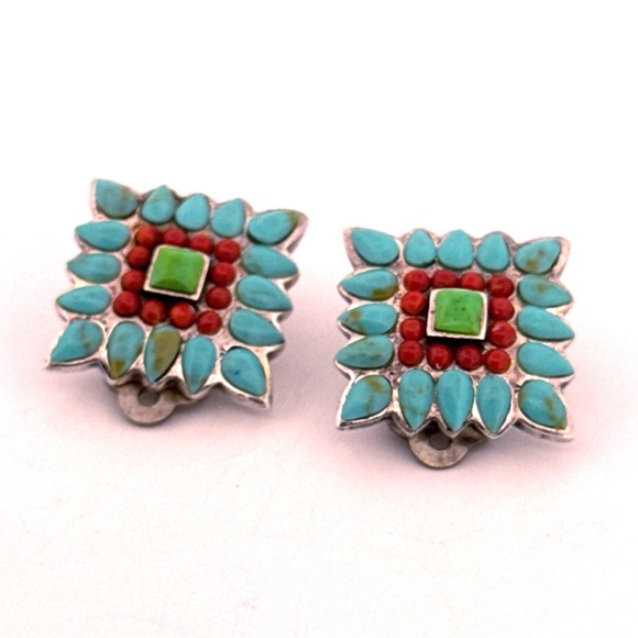 Sterling and turquoise square 925 Sterling Silver clip on earrings - Picture 2 of 4